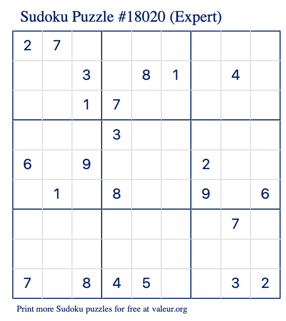 Free Printable Expert Sudoku Puzzle number 18020