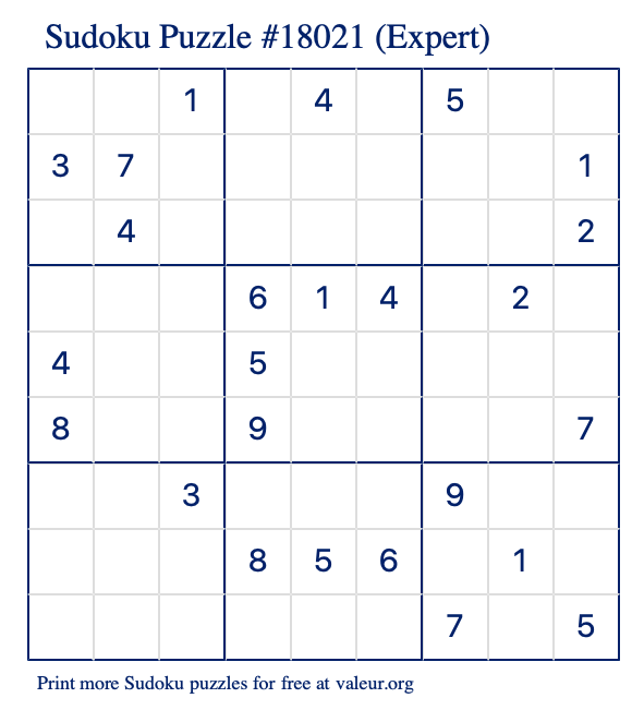 Free Printable Expert Sudoku Puzzle number 18021