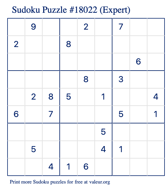 Free Printable Expert Sudoku Puzzle number 18022