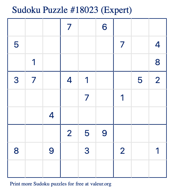 Free Printable Expert Sudoku Puzzle number 18023