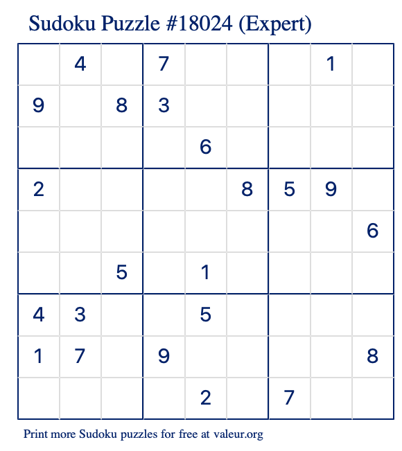 Free Printable Expert Sudoku Puzzle number 18024