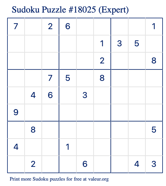 Free Printable Expert Sudoku Puzzle number 18025