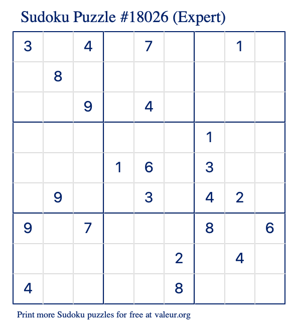 Free Printable Expert Sudoku Puzzle number 18026