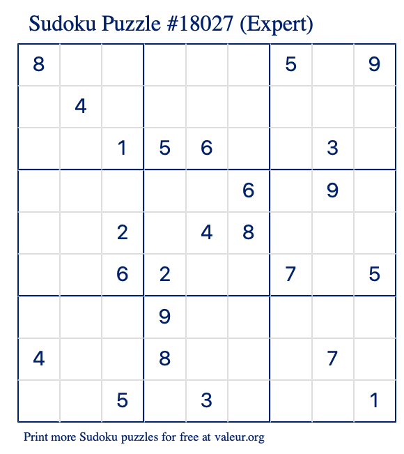 Free Printable Expert Sudoku Puzzle number 18027