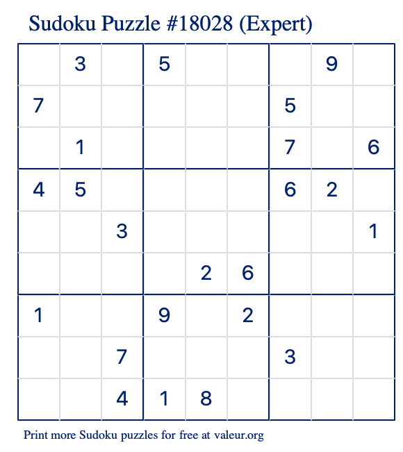 Free Printable Expert Sudoku Puzzle number 18028