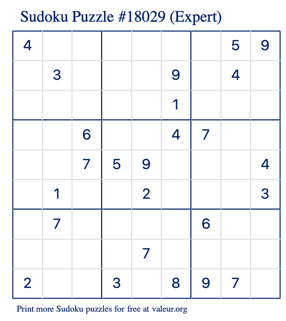 Free Printable Expert Sudoku Puzzle number 18029