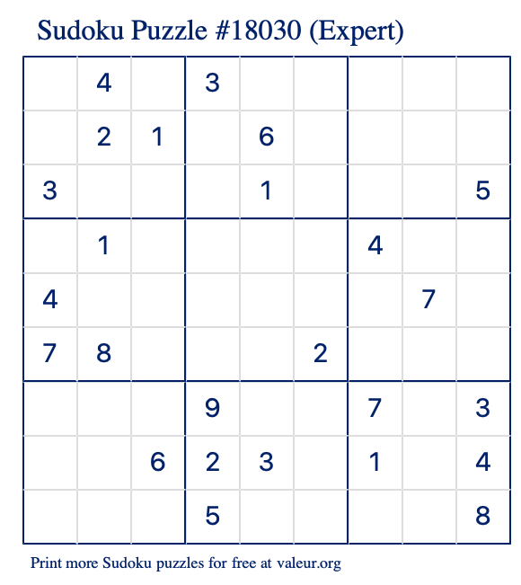 Free Printable Expert Sudoku Puzzle number 18030