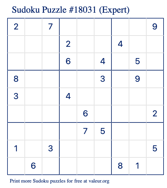 Free Printable Expert Sudoku Puzzle number 18031