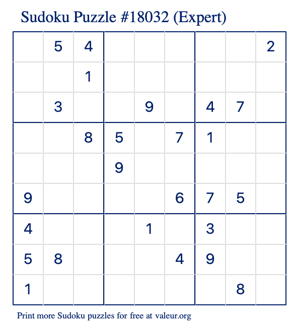 Free Printable Expert Sudoku Puzzle number 18032