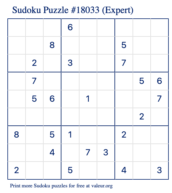 Free Printable Expert Sudoku Puzzle number 18033