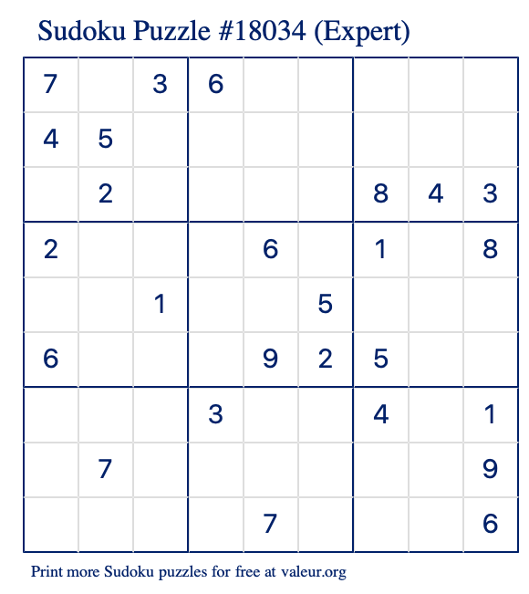 Free Printable Expert Sudoku Puzzle number 18034