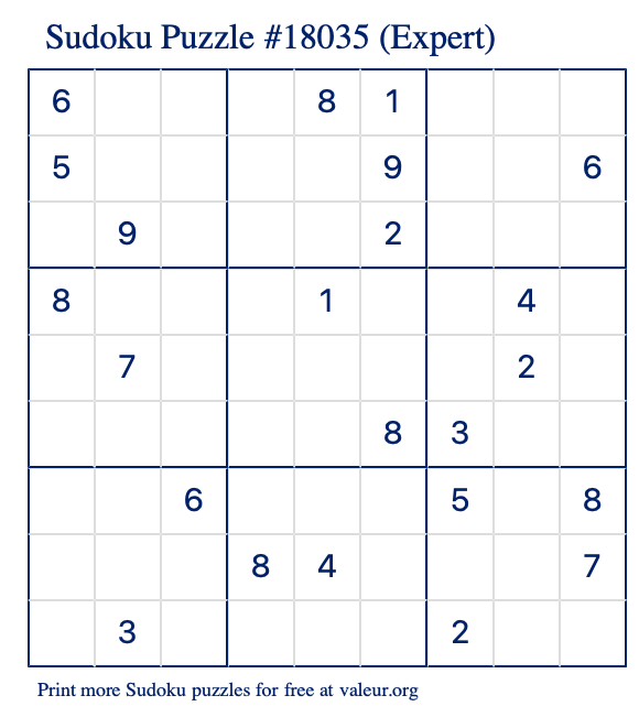 Free Printable Expert Sudoku Puzzle number 18035