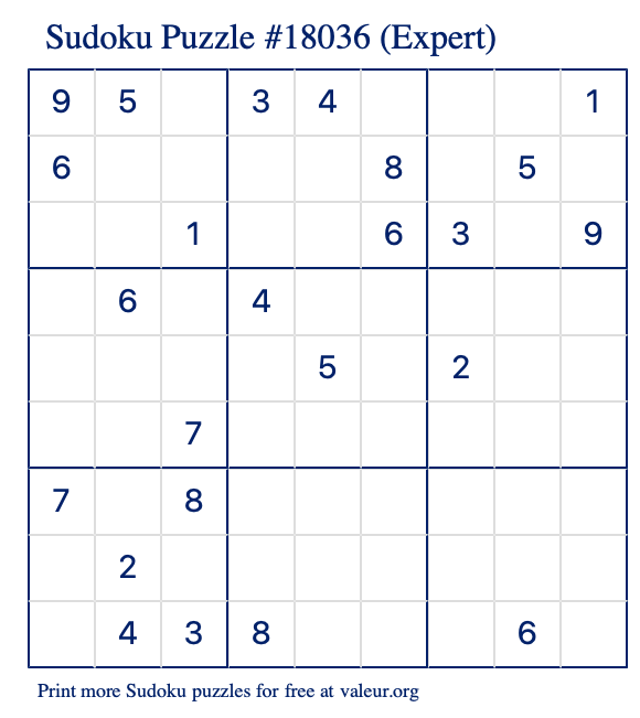 Free Printable Expert Sudoku Puzzle number 18036