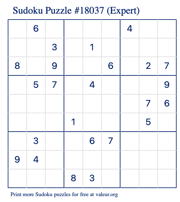 Free Printable Expert Sudoku Puzzle number 18037