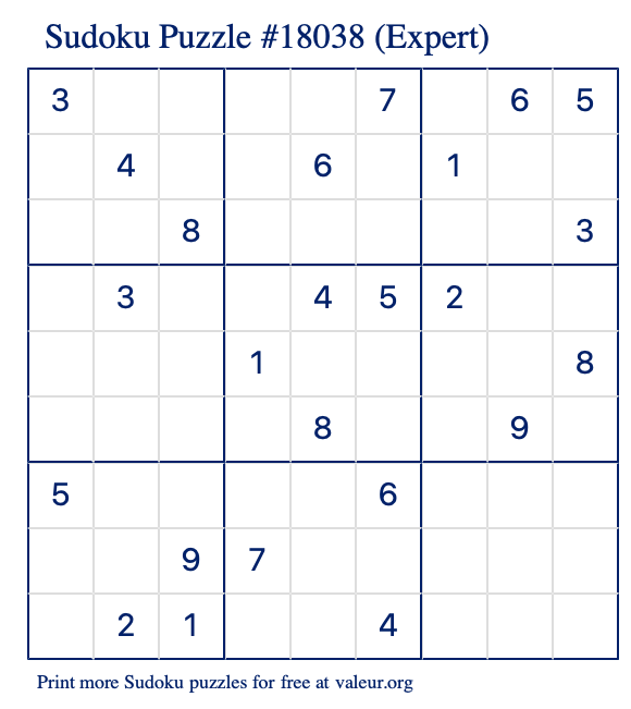 Free Printable Expert Sudoku Puzzle number 18038