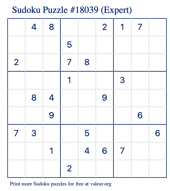 Free Printable Expert Sudoku Puzzle number 18039