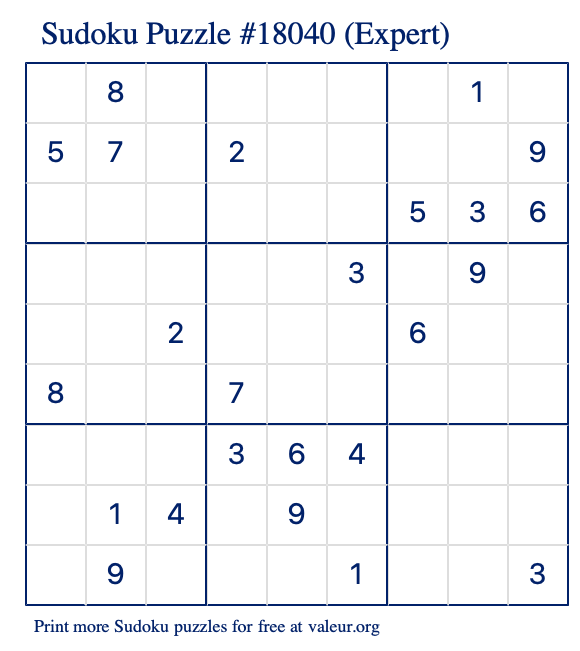 Free Printable Expert Sudoku Puzzle number 18040