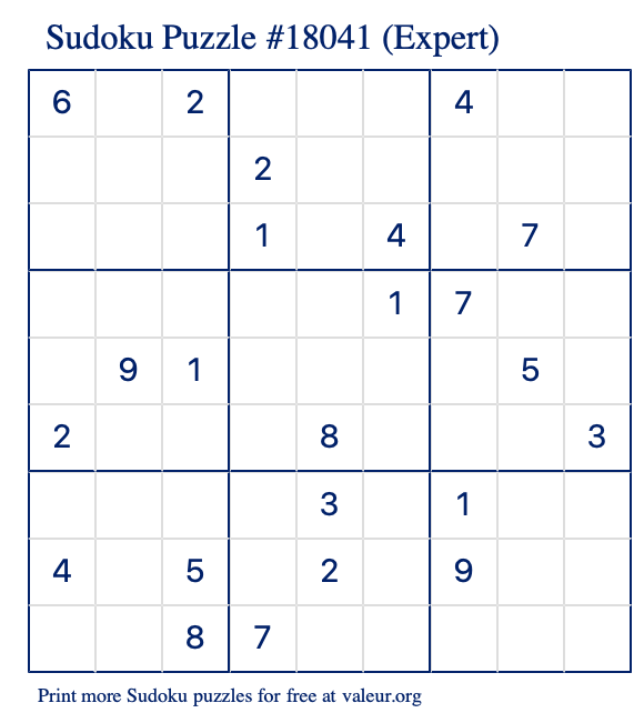 Free Printable Expert Sudoku Puzzle number 18041