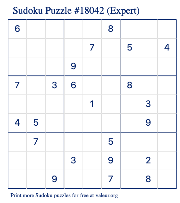 Free Printable Expert Sudoku Puzzle number 18042