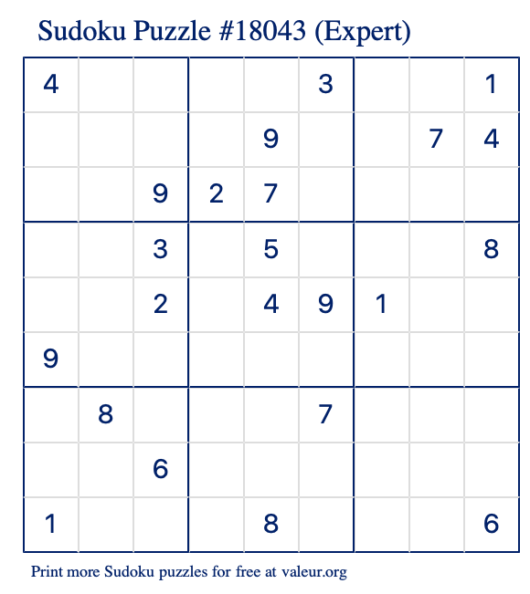 Free Printable Expert Sudoku Puzzle number 18043