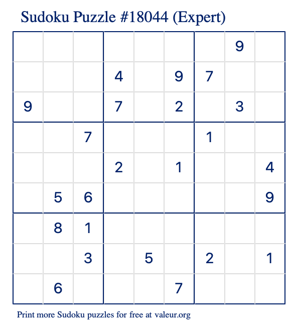 Free Printable Expert Sudoku Puzzle number 18044