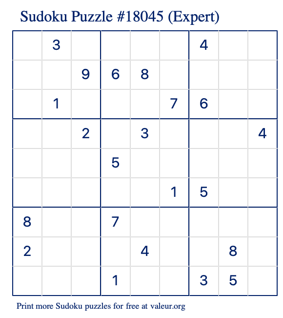 Free Printable Expert Sudoku Puzzle number 18045