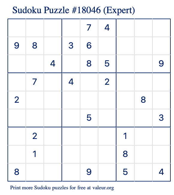 Free Printable Expert Sudoku Puzzle number 18046