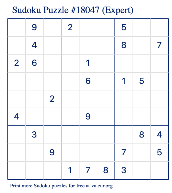 Free Printable Expert Sudoku Puzzle number 18047