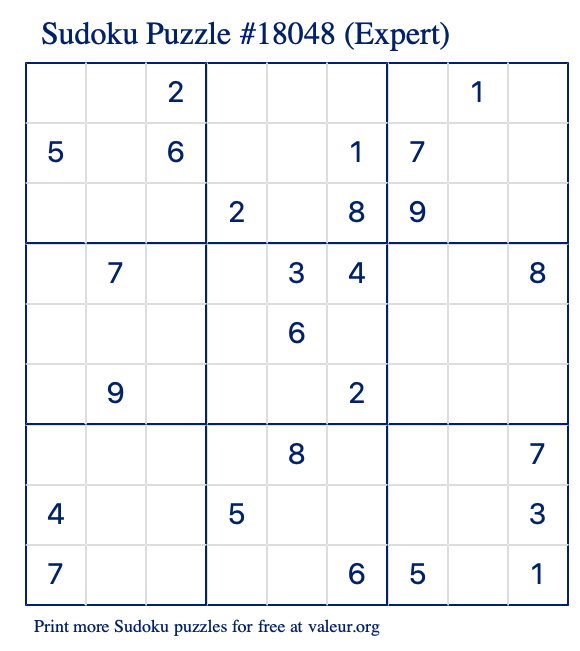 Free Printable Expert Sudoku Puzzle number 18048