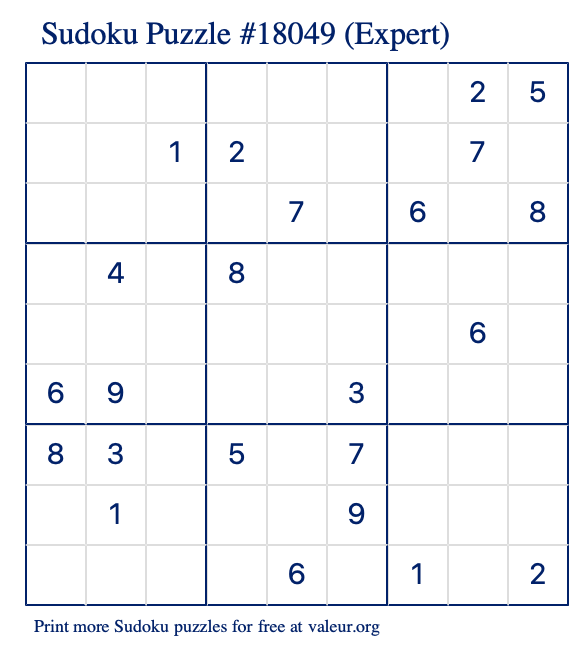 Free Printable Expert Sudoku Puzzle number 18049