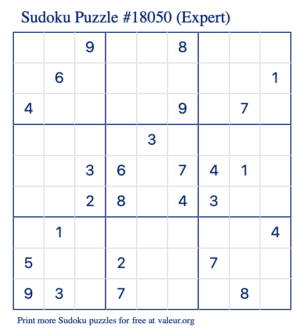 Free Printable Expert Sudoku Puzzle number 18050