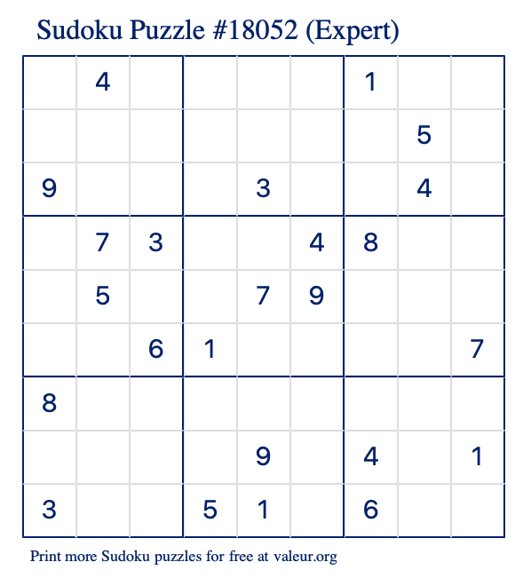 Free Printable Expert Sudoku Puzzle number 18052