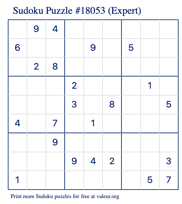 Free Printable Expert Sudoku Puzzle number 18053