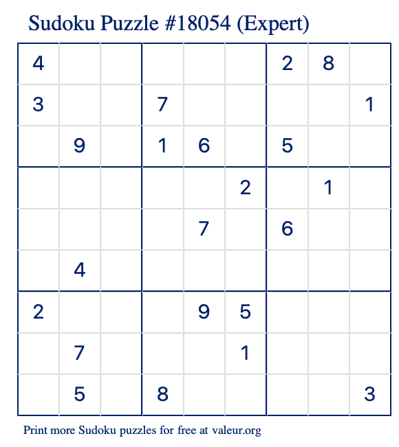 Free Printable Expert Sudoku Puzzle number 18054