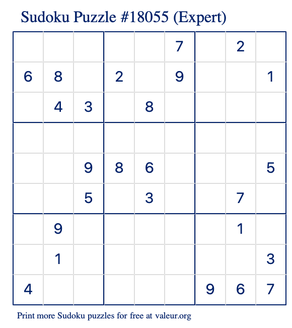 Free Printable Expert Sudoku Puzzle number 18055