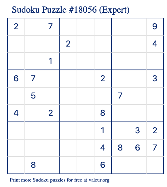 Free Printable Expert Sudoku Puzzle number 18056