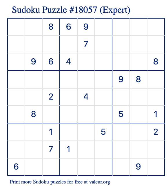 Free Printable Expert Sudoku Puzzle number 18057