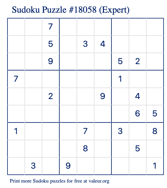Free Printable Expert Sudoku Puzzle number 18058
