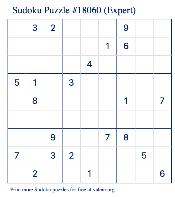 Free Printable Expert Sudoku Puzzle number 18060