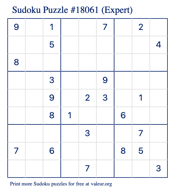 Free Printable Expert Sudoku Puzzle number 18061