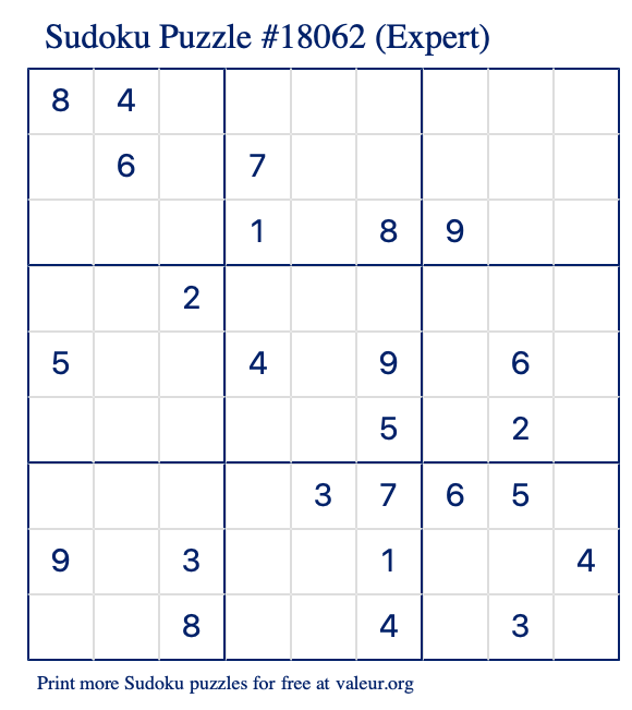 Free Printable Expert Sudoku Puzzle number 18062