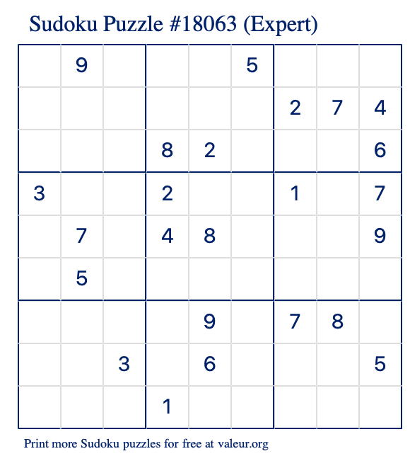 Free Printable Expert Sudoku Puzzle number 18063