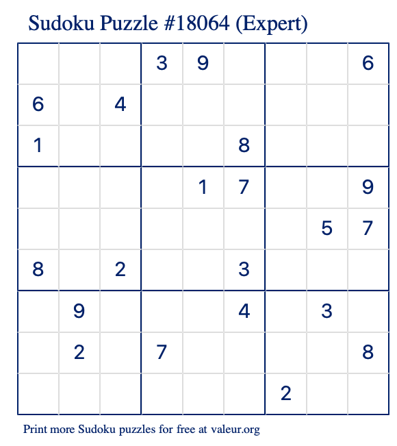 Free Printable Expert Sudoku Puzzle number 18064