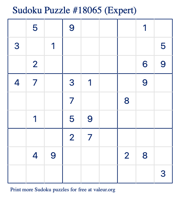 Free Printable Expert Sudoku Puzzle number 18065