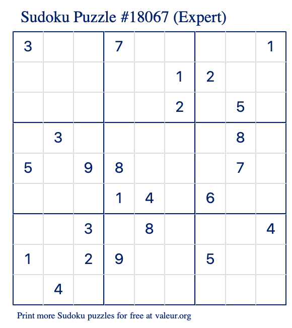 Free Printable Expert Sudoku Puzzle number 18067