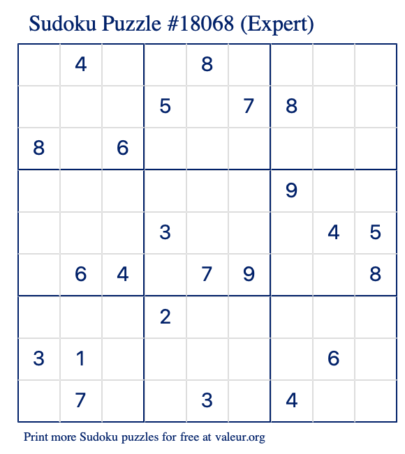 Free Printable Expert Sudoku Puzzle number 18068