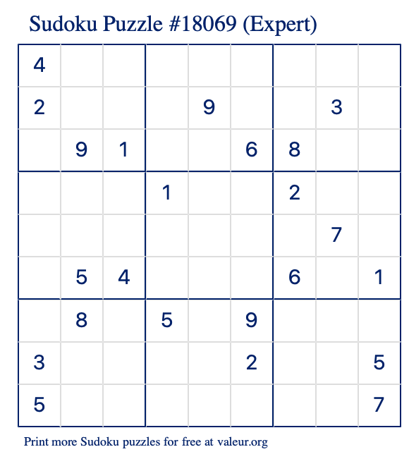 Free Printable Expert Sudoku Puzzle number 18069