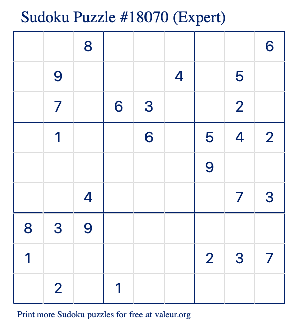 Free Printable Expert Sudoku Puzzle number 18070