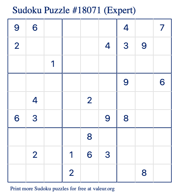 Free Printable Expert Sudoku Puzzle number 18071