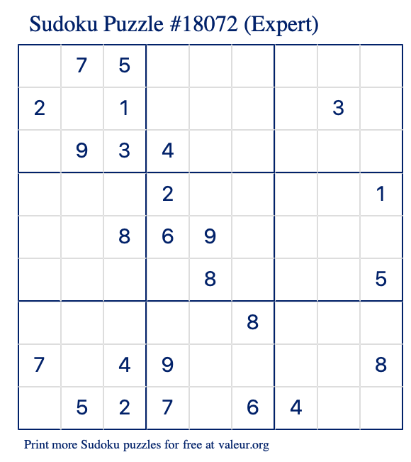 Free Printable Expert Sudoku Puzzle number 18072